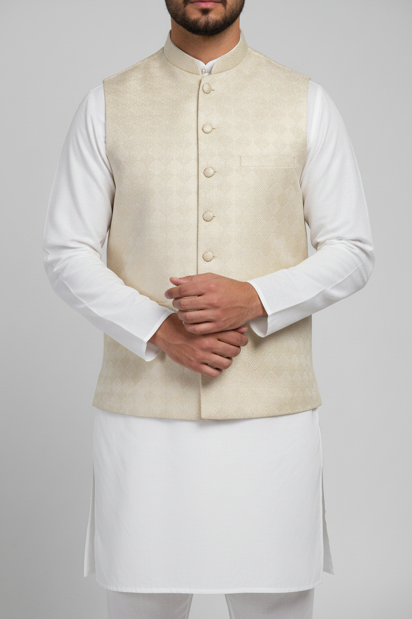 Butter Cream Chevron Design Jamawar Waistcoat Close Up