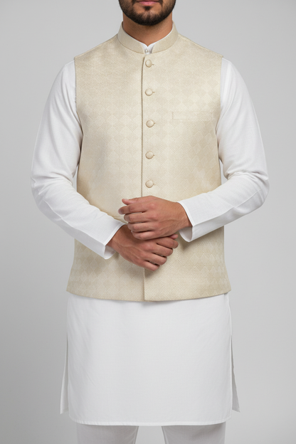 Butter Cream Chevron Design Jamawar Waistcoat Close Up