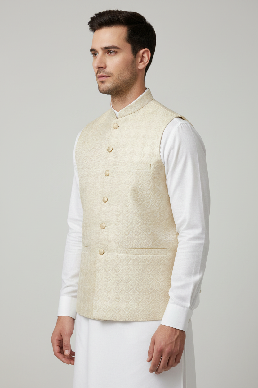 Butter Cream Chevron Design Jamawar Waistcoat Front