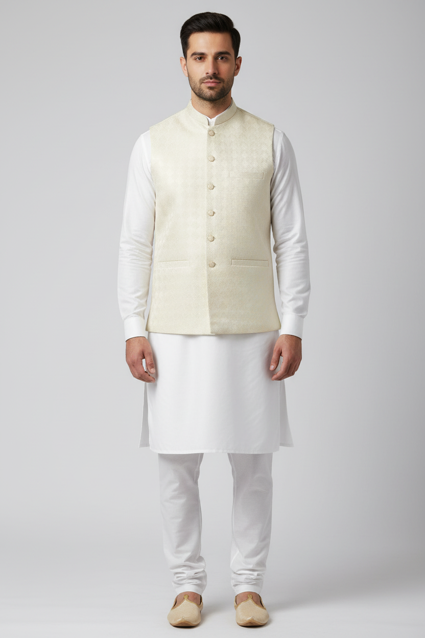 Butter Cream Chevron Design Jamawar Waistcoat Full