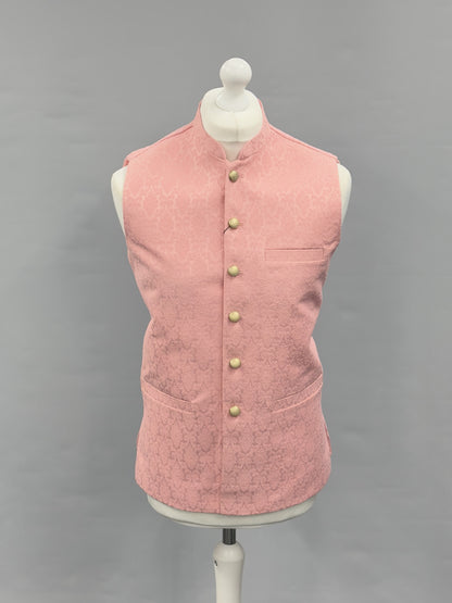 Men's Candy Pink Diamond Design Jamawar Waistcoat