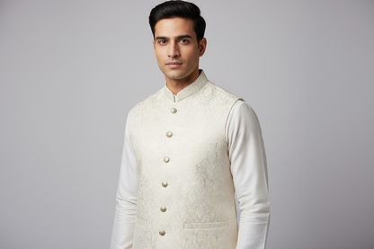 Champagne Base Ivory Diamond Design Jamawar Waistcoat Close Up