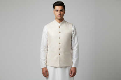Champagne Base Ivory Diamond Design Jamawar Waistcoat Full