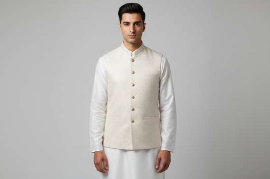 Champagne Base Ivory Diamond Design Jamawar Waistcoat Full