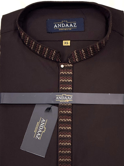 Men's Shalwar Kameez Cherry Brown with Zig Zag Placket Embroidery
