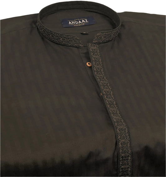 Men's Dark Chocolate Brown Kurta with Placket Embroidery