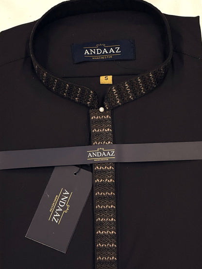 Men's Shalwar Kameez Dark Brown with Zig Zag Placket Embroidery