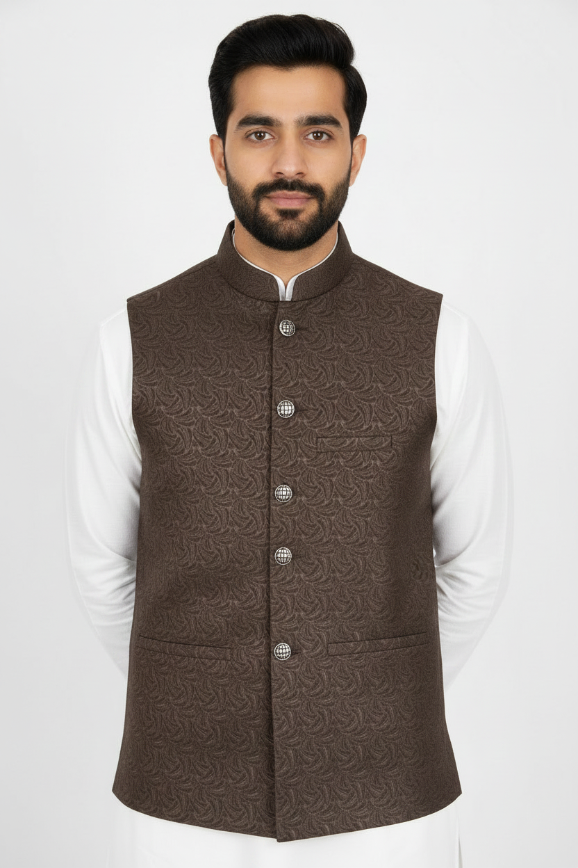 Dark Brown Swirl Design Jamawar Waistcoat Close Up