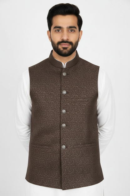 Dark Brown Swirl Design Jamawar Waistcoat Close Up