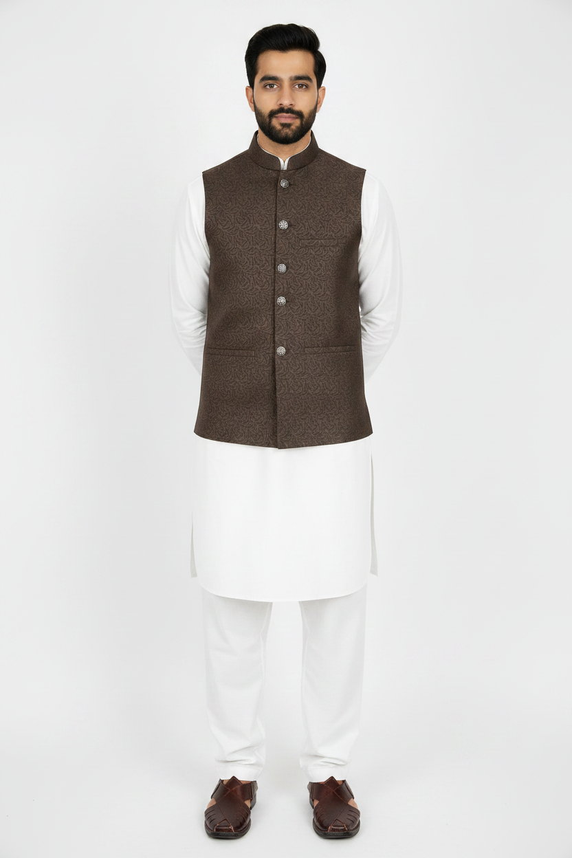 Dark Brown Swirl Design Jamawar Waistcoat Full Pose