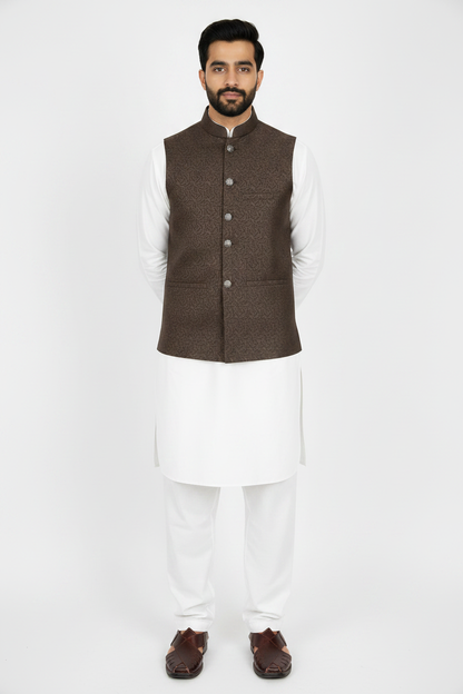 Dark Brown Swirl Design Jamawar Waistcoat Full Pose