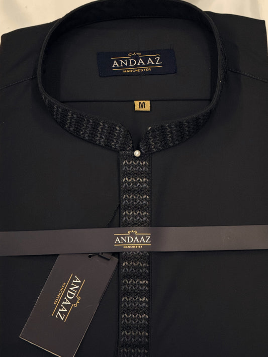 Men's Shalwar Kameez Dark Grey with Zig Zag Placket Embroidery