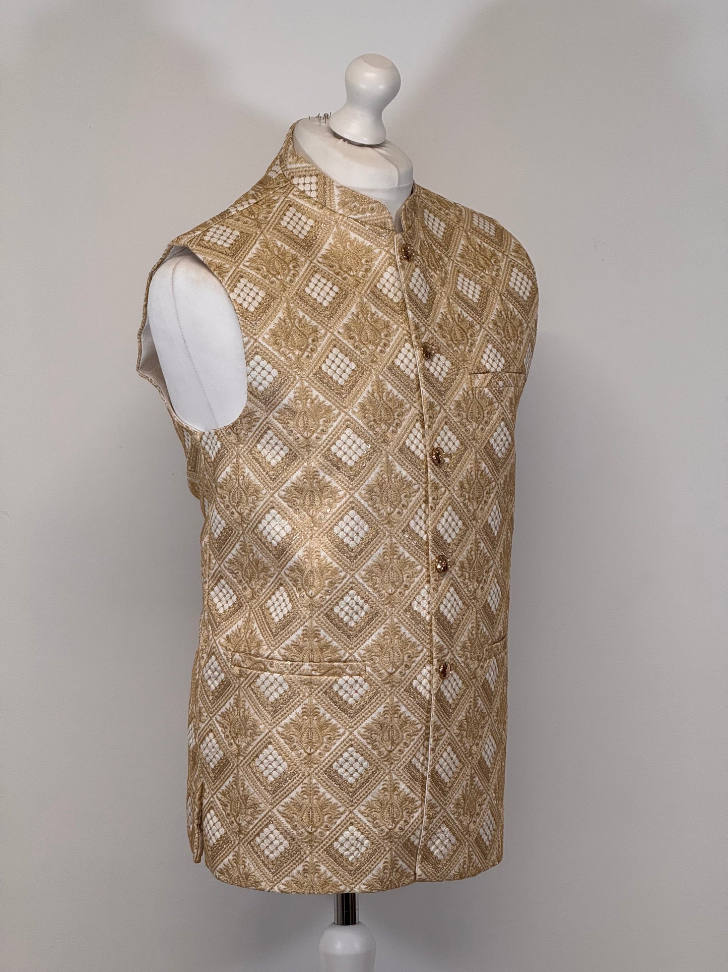 Men's Gold White Sequin Diamond Premium Waistcoat