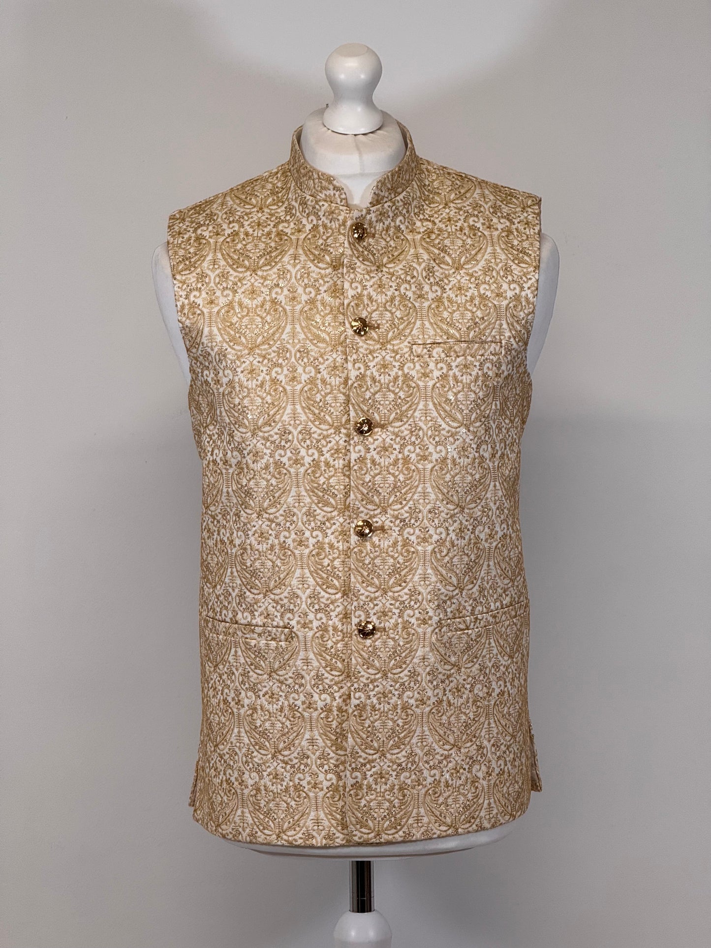 Men's Gold White Sequin Paisley Premium Waistcoat