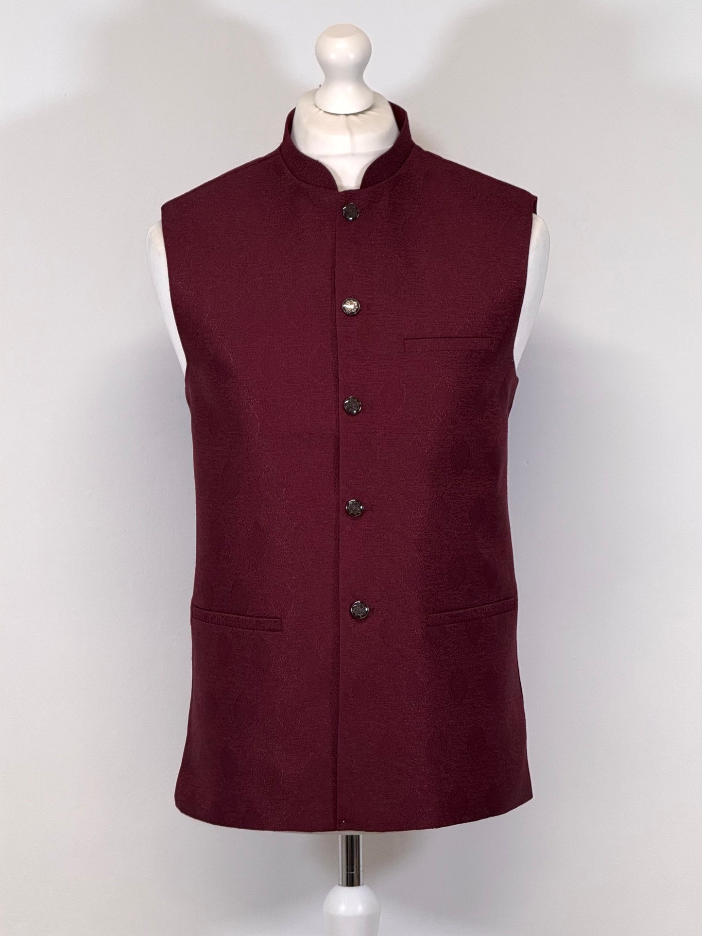 Men's Maroon Cone Design Jamawar Waistcoat