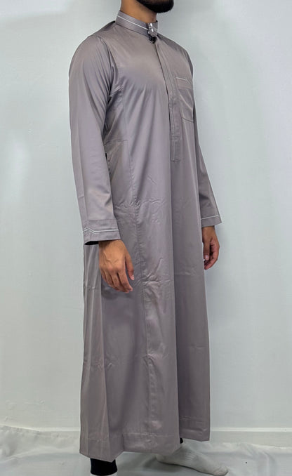 Men's Embroidery Collar Thobe - Grey