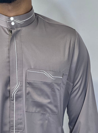 Men's Embroidery Collar Thobe - Grey