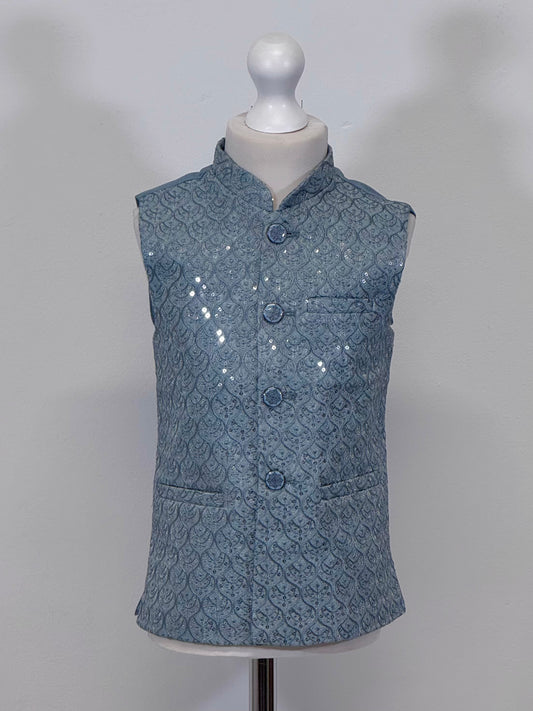 Boys Light Teal Sequin Clove Jamawar Waistcoat