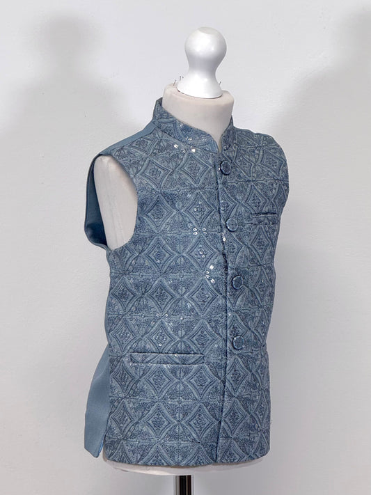 Boys Light Teal Sequin Diamond Jamawar Waistcoat