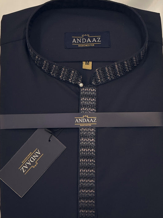 Men's Shalwar Kameez Ink Blue with Zig Zag Placket Embroidery