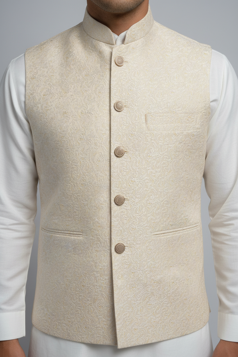 Ivory on Champagne Base Marble Design Jamawar Waistcoat Close Up