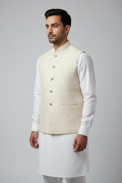 Ivory on Champagne Base Marble Design Jamawar Waistcoat Front