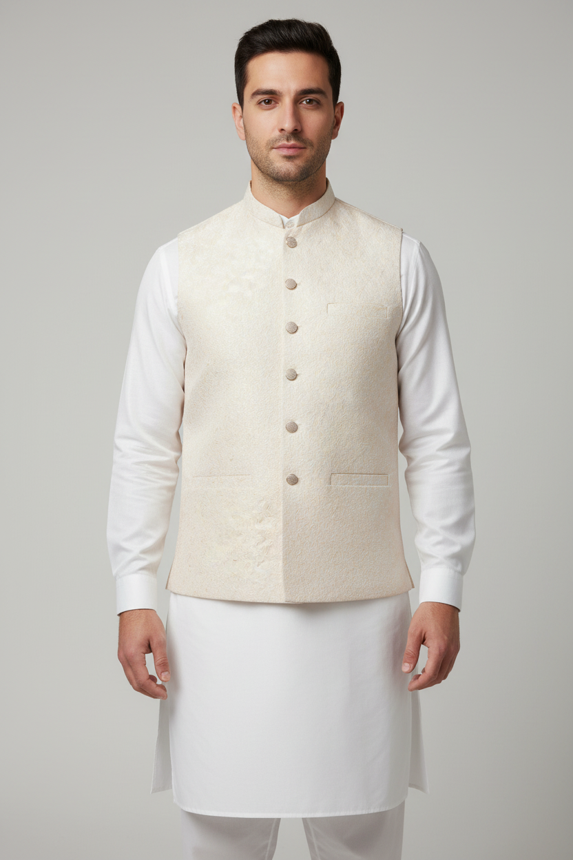 Ivory on Champagne Base Marble Design Jamawar Waistcoat Full