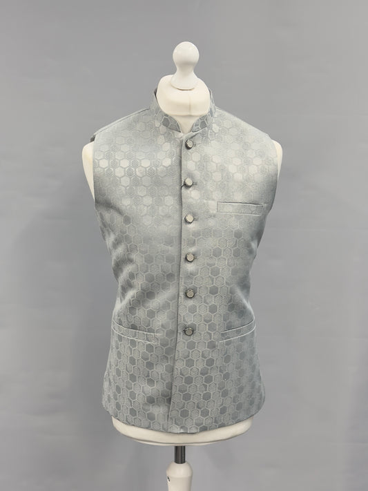 Light Aqua Hex Design Jamawar Waistcoat