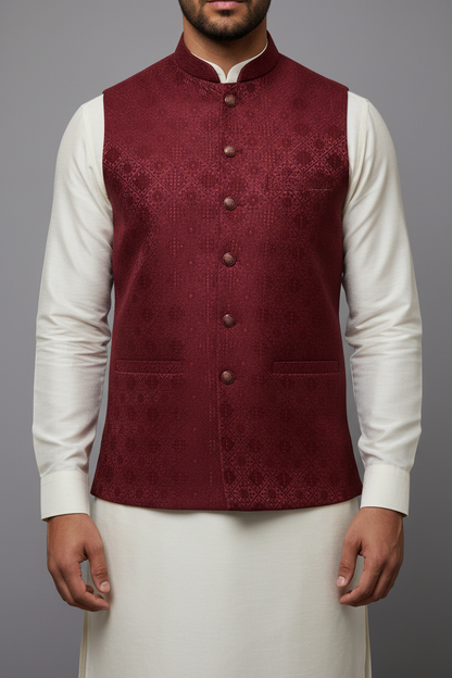 Maroon Diamond Flower Design Jamawar Waistcoat Close Up