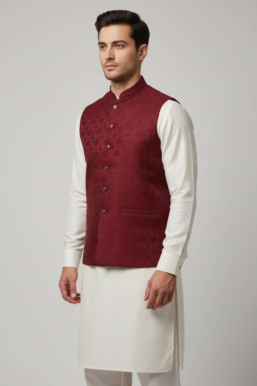 Maroon Diamond Flower Design Jamawar Waistcoat Front