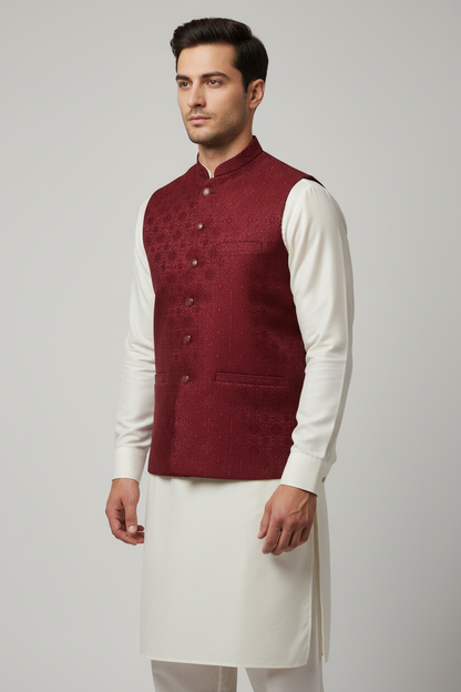 Maroon Diamond Flower Design Jamawar Waistcoat Front