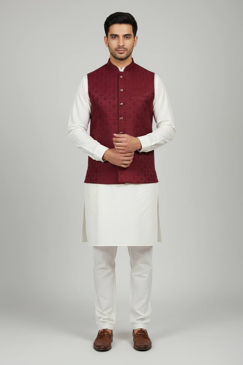 Maroon Diamond Flower Design Jamawar Waistcoat Full