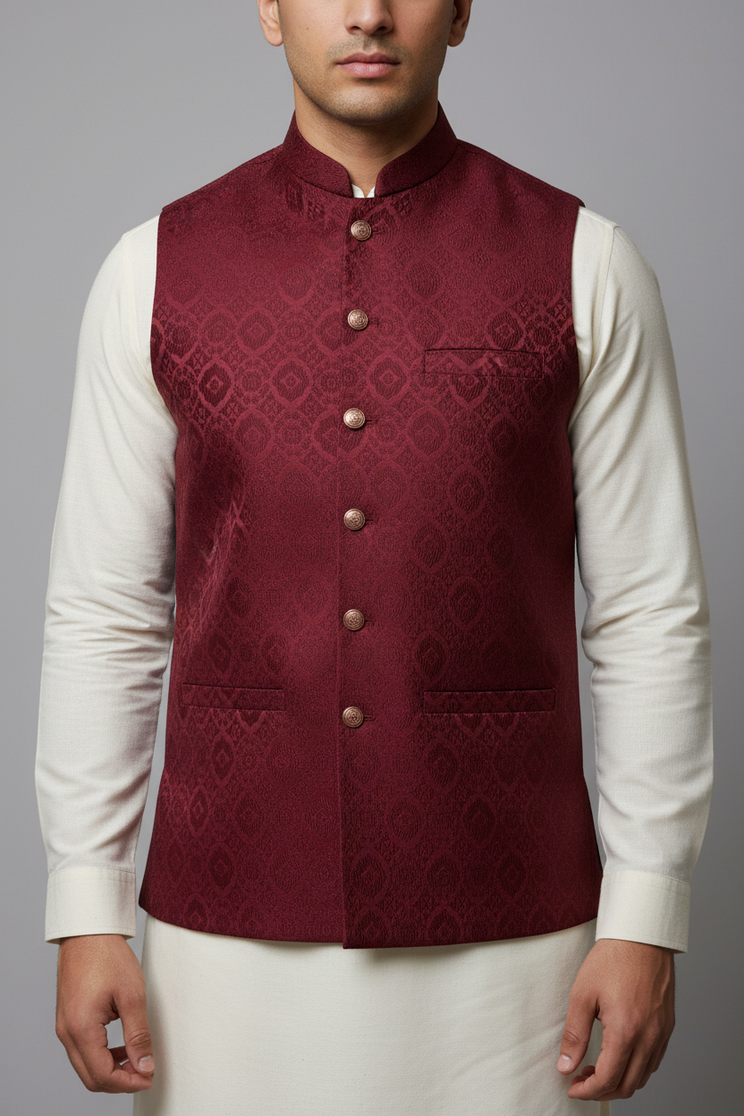 Maroon Medallion Design Jamawar Waistcoat Close Up