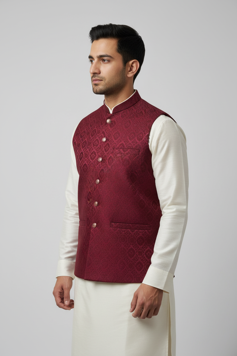 Maroon Medallion Design Jamawar Waistcoat Front