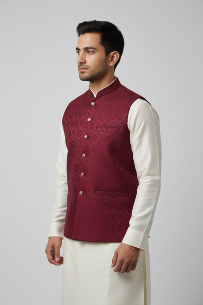 Maroon Medallion Design Jamawar Waistcoat Front