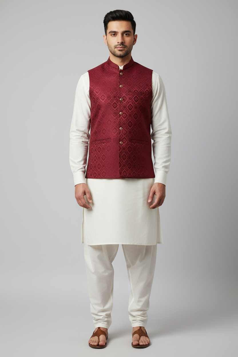 Maroon Medallion Design Jamawar Waistcoat Full