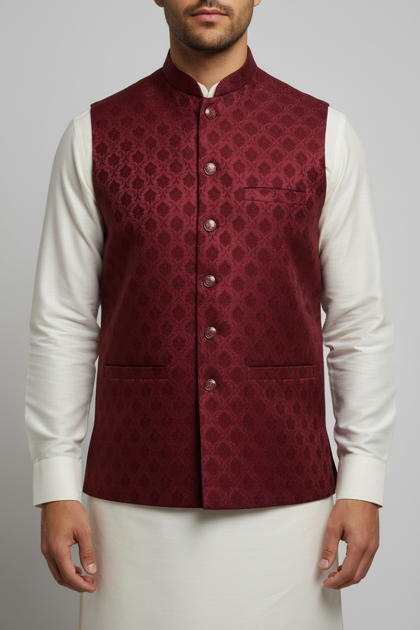 Maroon Royal Bloom Design Jamawar Waistcoat Close Up