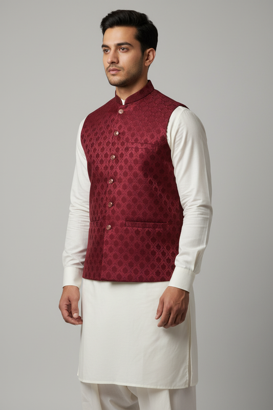 Maroon Royal Bloom Design Jamawar Waistcoat Front