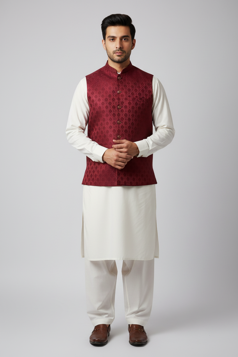Maroon Royal Bloom Design Jamawar Waistcoat Full