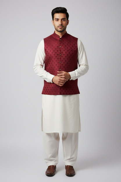 Maroon Royal Bloom Design Jamawar Waistcoat Full