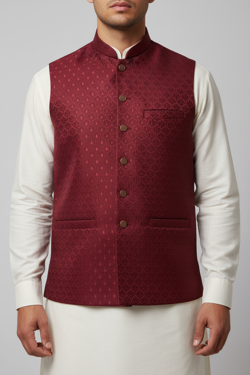 Maroon Shell Design Jamawar Waistcoat Close Up