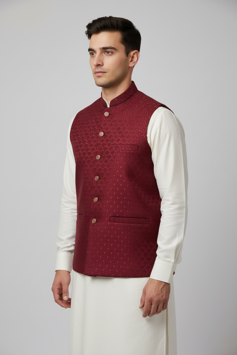 Maroon Shell Design Jamawar Waistcoat Front