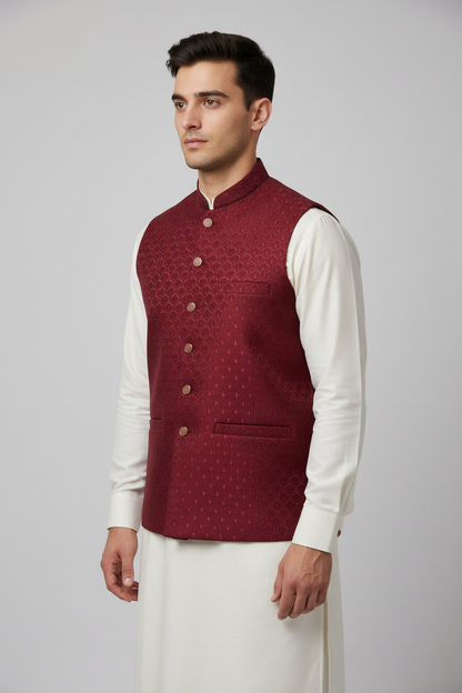 Maroon Shell Design Jamawar Waistcoat Front