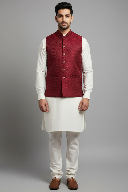 Maroon Shell Design Jamawar Waistcoat Full