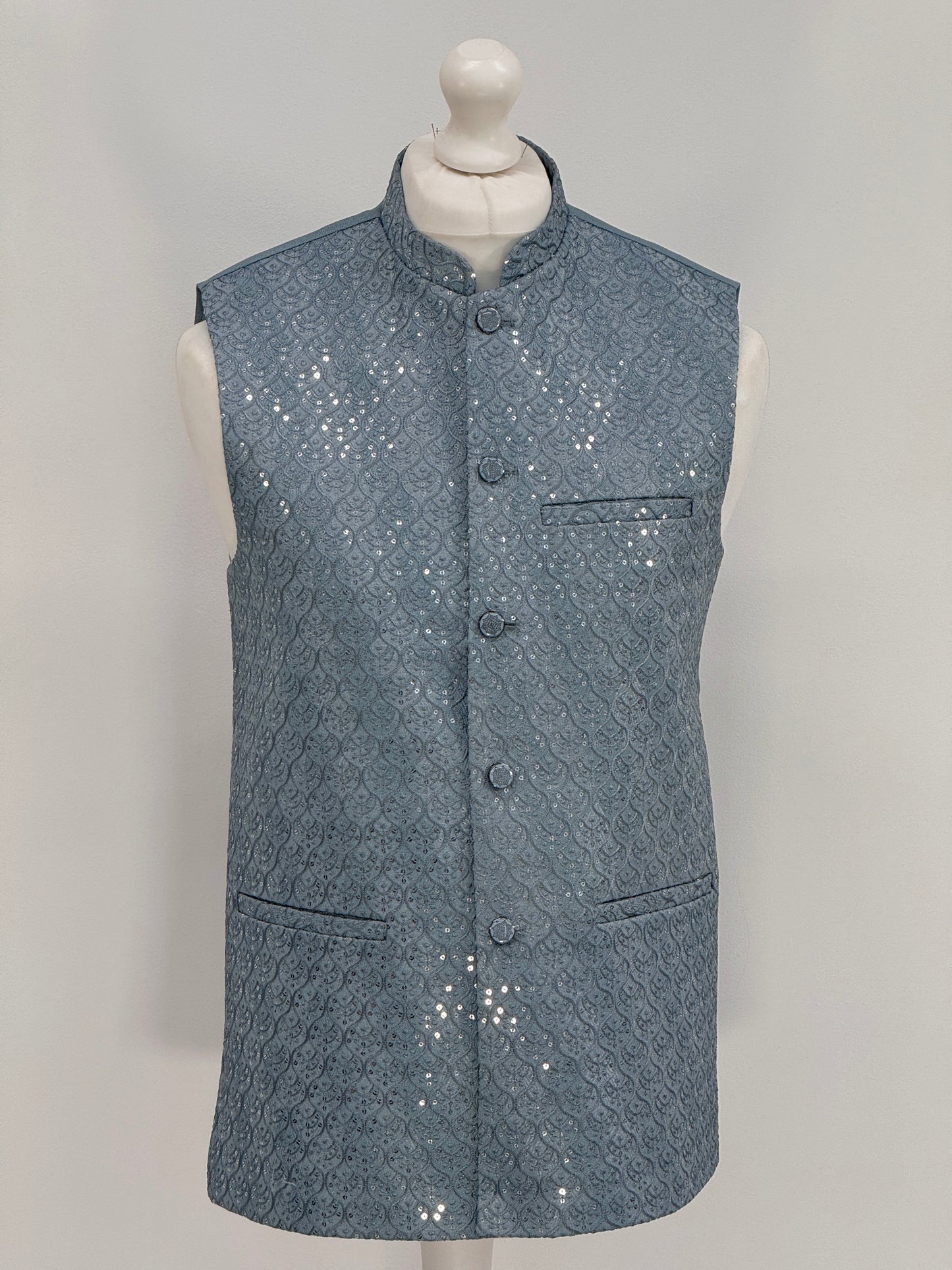 Men's Light Teal Sequin Clove Jamawar Waistcoat