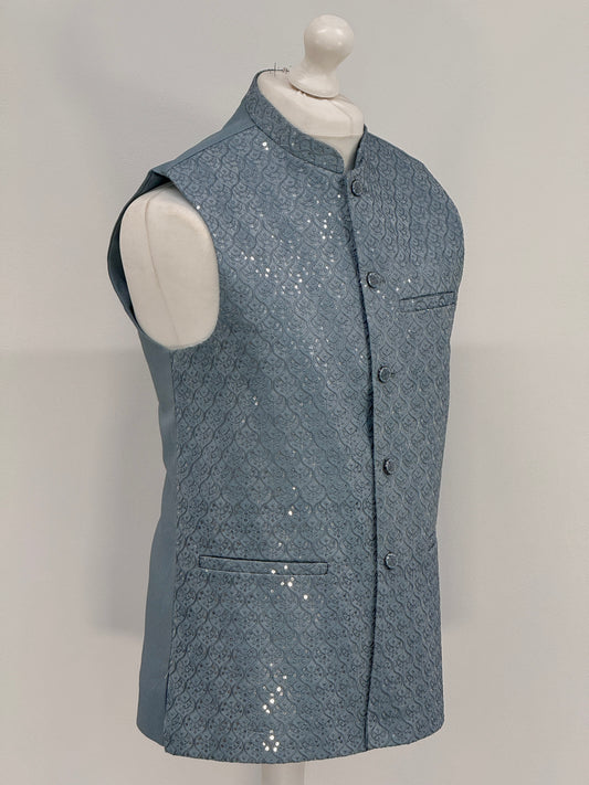 Men's Light Teal Sequin Clove Jamawar Waistcoat