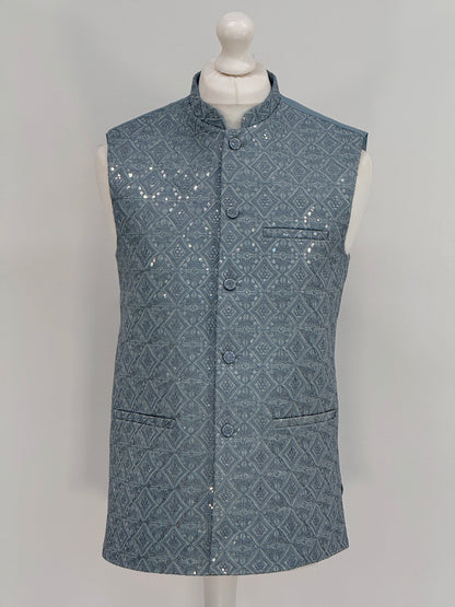 Men's Light Teal Sequin Diamond Jamawar Waistcoat