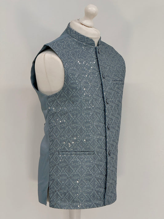 Men's Light Teal Sequin Diamond Jamawar Waistcoat