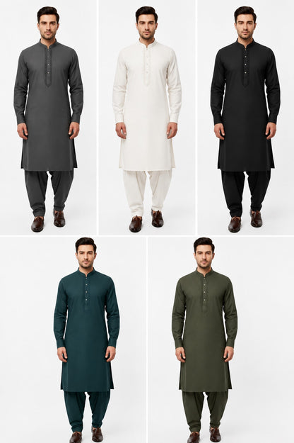Men's Premium Shalwar Kameez White Piyala Embroidery