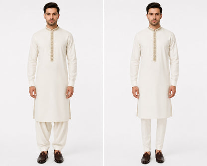 Men's Premium Shalwar Kameez Cream Multi Colour Placket Embroidery